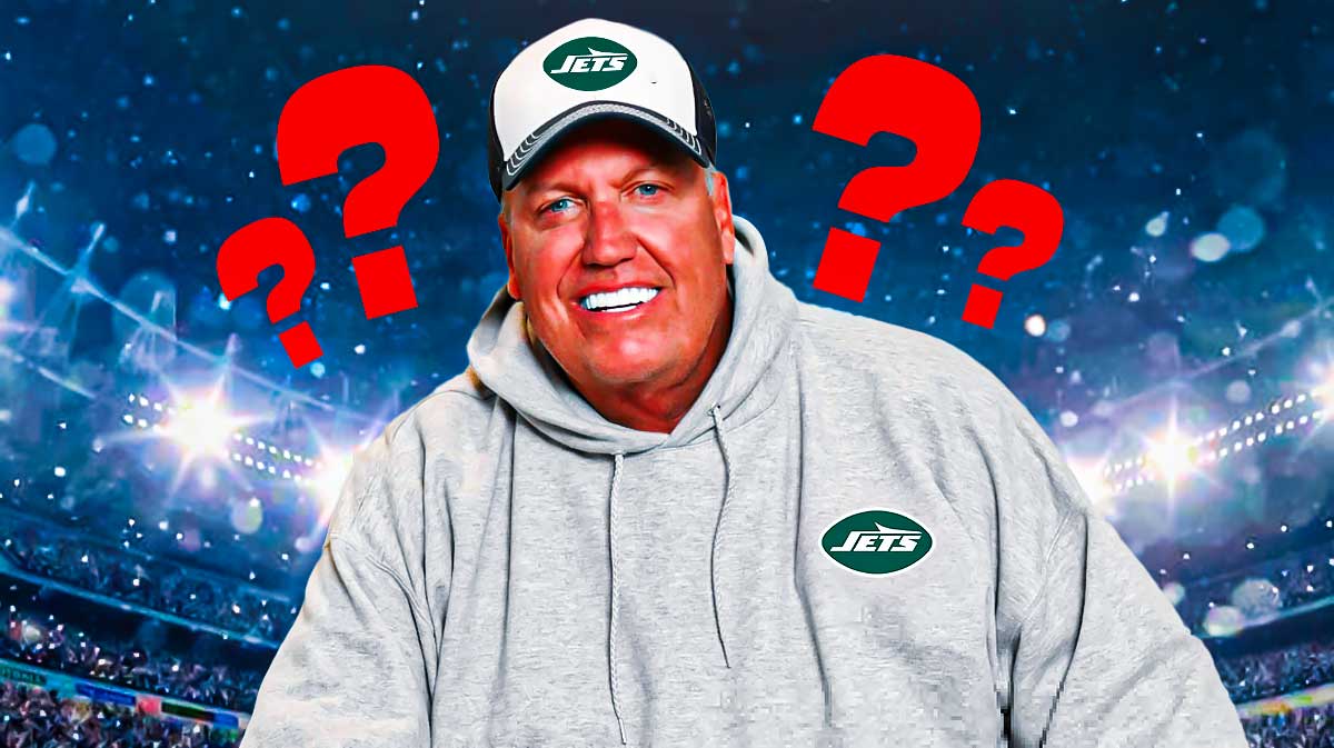 Rex Ryan in Jets coaching gear with question marks around the picture.