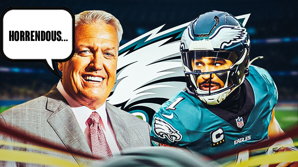 Former NFL coach Rex Ryan with a speech bubble that says "Horrendous..." He is next to Eagles QB Jalen Hurts. There is also a logo for the Philadelphia Eagles.