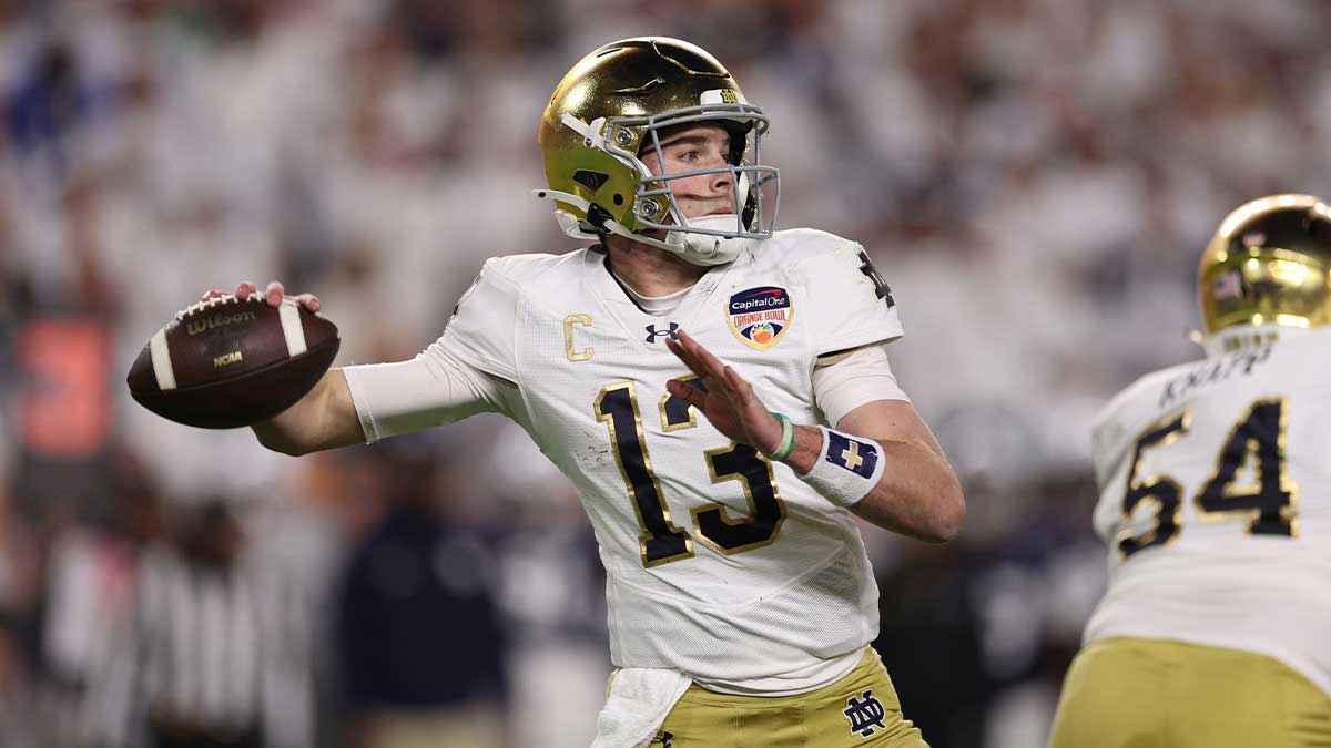 Jan 9, 2025; Miami, FL, USA; Notre Dame Fighting Irish quarterback Riley Leonard (13) looks to throw a pass in the first half against the Penn State Nittany Lions at Hard Rock Stadium. Mandatory Credit: Nathan Ray Seebeck-Imagn Images