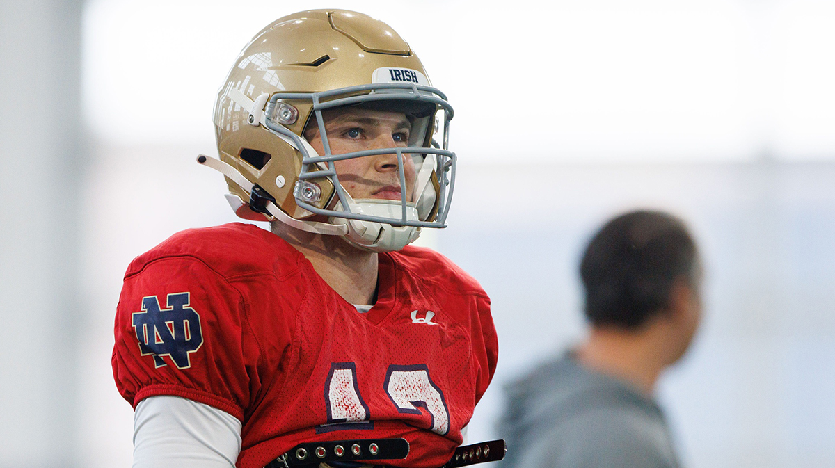 Notre Dame quarterback Riley Leonard (13) participates in a drill during a Notre Dame football practice at Irish Athletic Center on Sunday, Jan. 5, 2025, in South Bend.