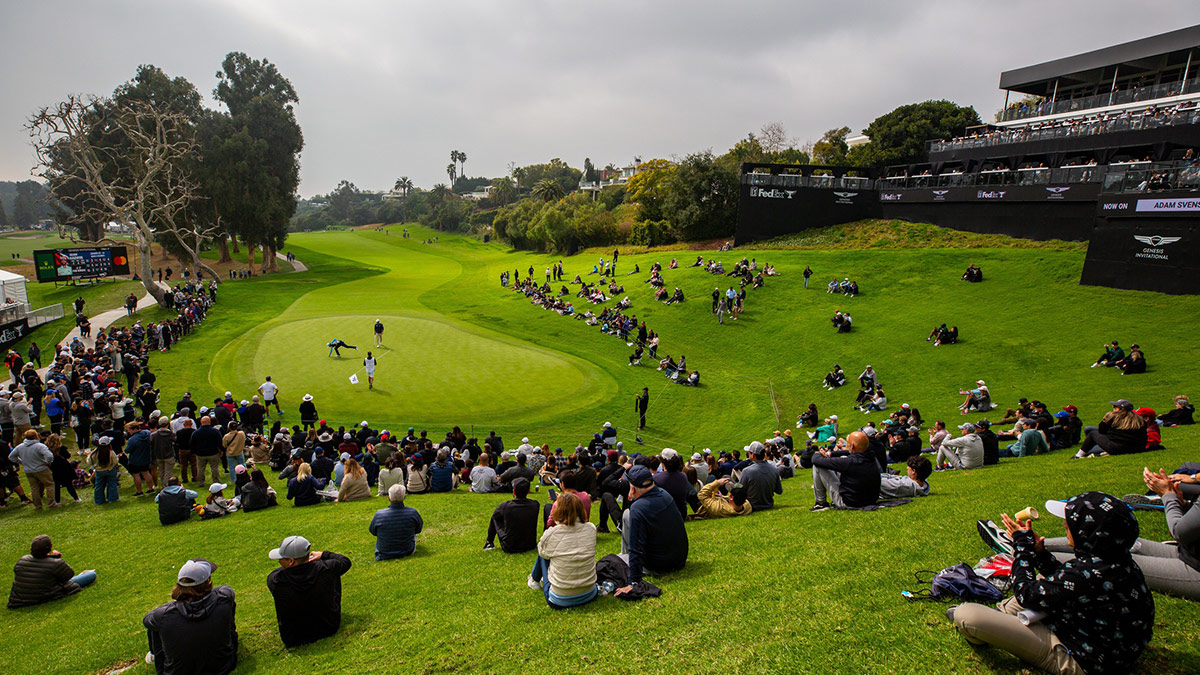 The gallery at the eighteenth hole during the third round of The Genesis Invitational golf tournament at Riviera Country Club.