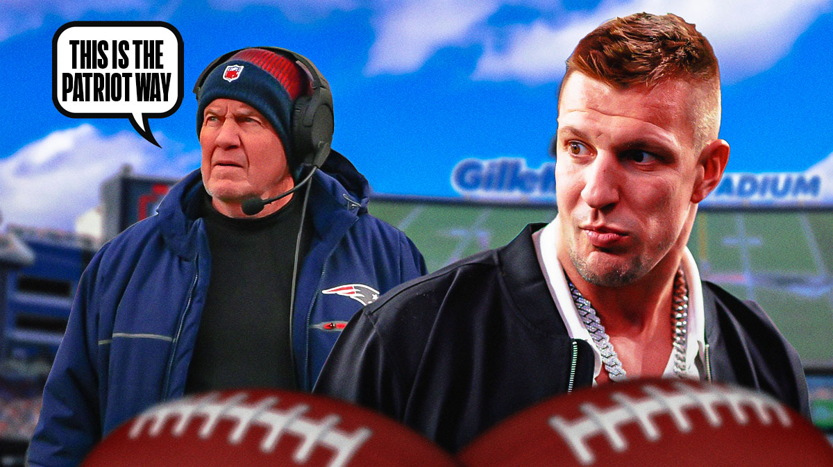 Rob Gronkowski looking at Patriots head coach Bill Belichick with a thought bubble that says "This is the Patriot Way"