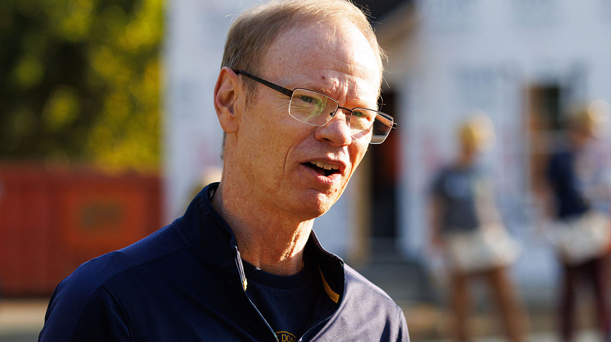 University of Notre Dame President the Rev. Robert A. Dowd speaks with media during the Notre Dame and Habitat for Humanity Inauguration Build on the 700 Block of Harrison Avenue on Tuesday, Sept. 17, 2024, in South Bend.
