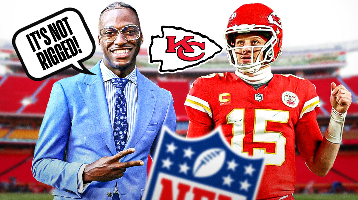 Robert Griffin III with a speech bubble that says "It's not rigged!" He is next to Chiefs QB Patrick Mahomes. There is also a logo for the Kansas City Chiefs.