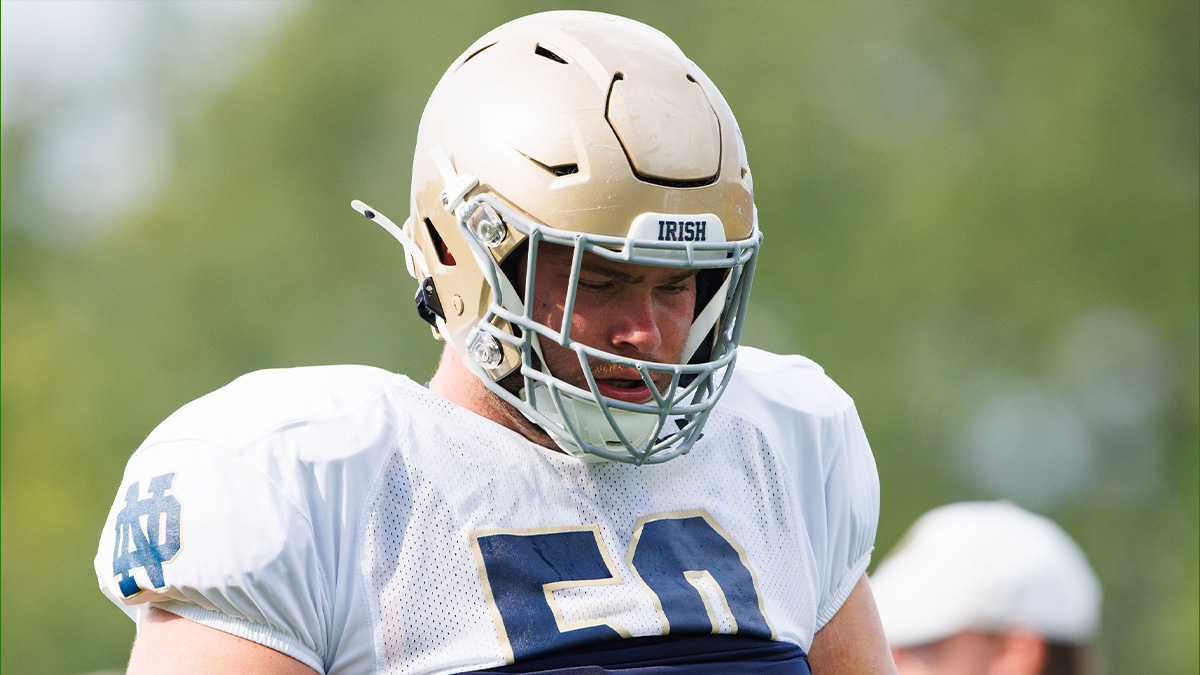 Notre Dame offensive lineman Rocco Spindler participates in a drill during a Notre Dame football practice at Irish Athletic Center