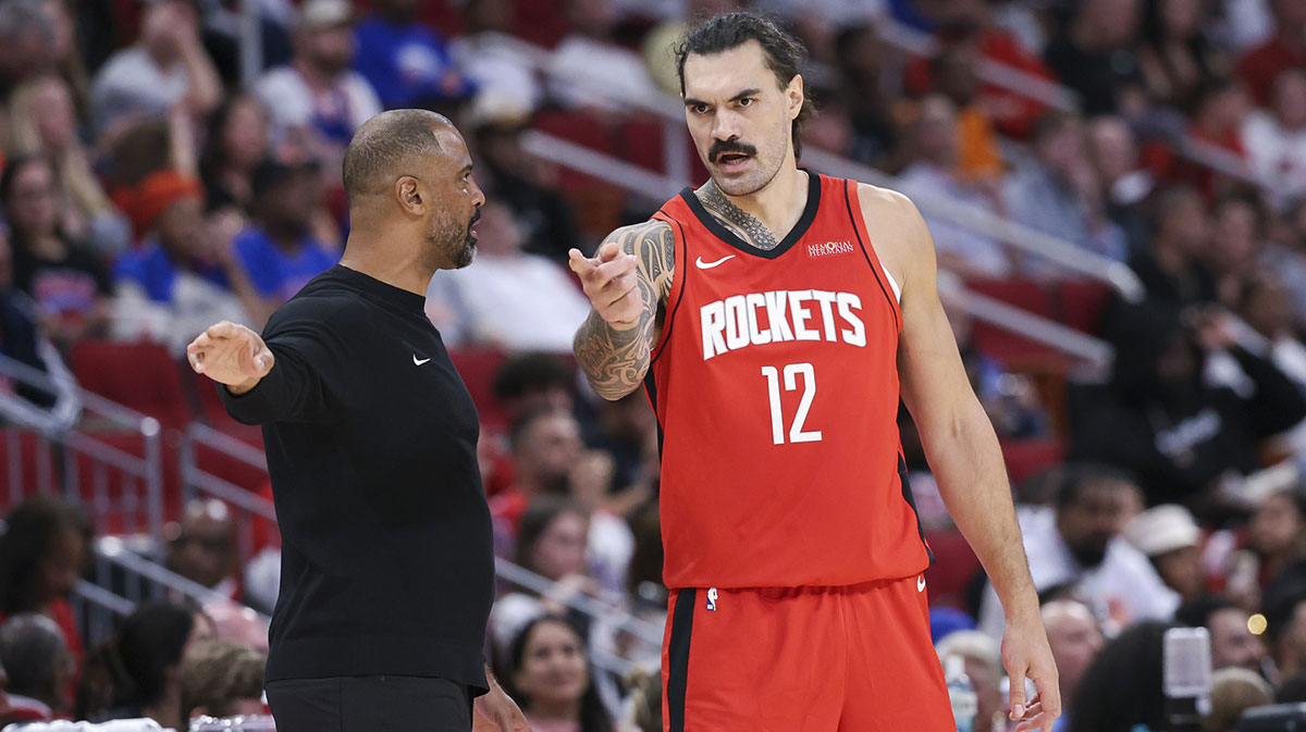 Houston Rockets center Steven Adams (12) talks with head coach Ime Udoka during the game against the New York Knicks at Toyota Center. Mandatory Credit: Troy Taormina-Imagn Images