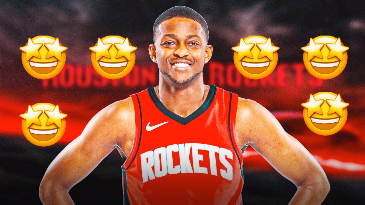 De'Aaron Fox in the middle in a Houston Rockets uniform, Houston Rockets wallpaper in the background, 🤩 emoji all around