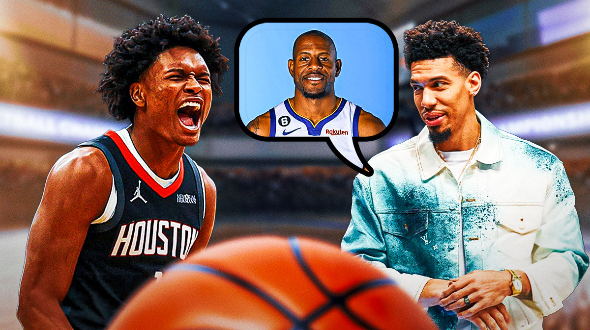 Danny Green with a thought bubble that has Golden State Warriors forward Andre Iguodala in it, while Rockets forward Amen Thompson is next to Green