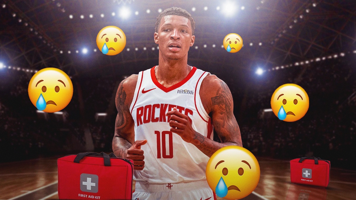 Rockets forward Jabari Smith Jr. with crying emojis and first-aid kits around him