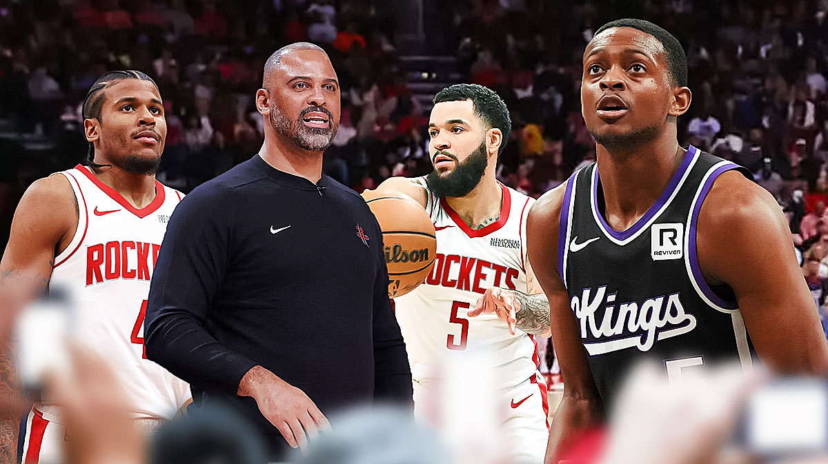 Rockets Ime Udoka in front on left. Rockets Jalen Green, Rockets Fred VanVleet in background on left playing basketball. Kings De'Aaron Fox on right.