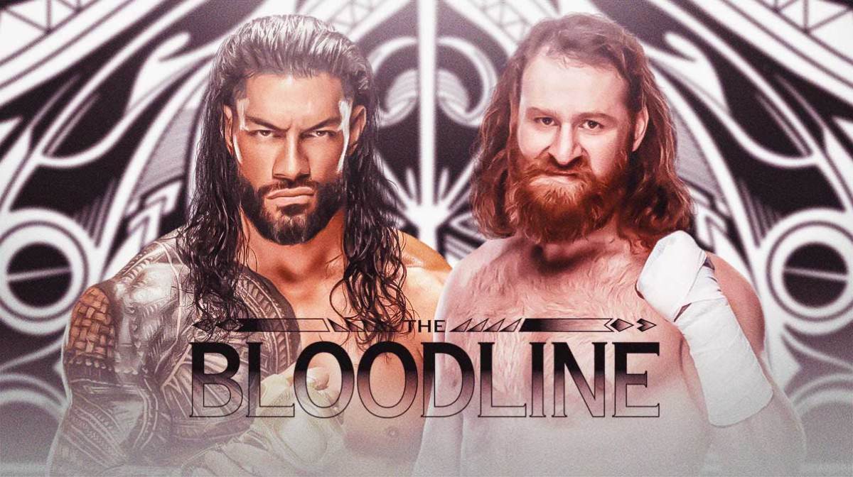 Roman Reigns next to Sami Zayn in front of The Bloodline logo