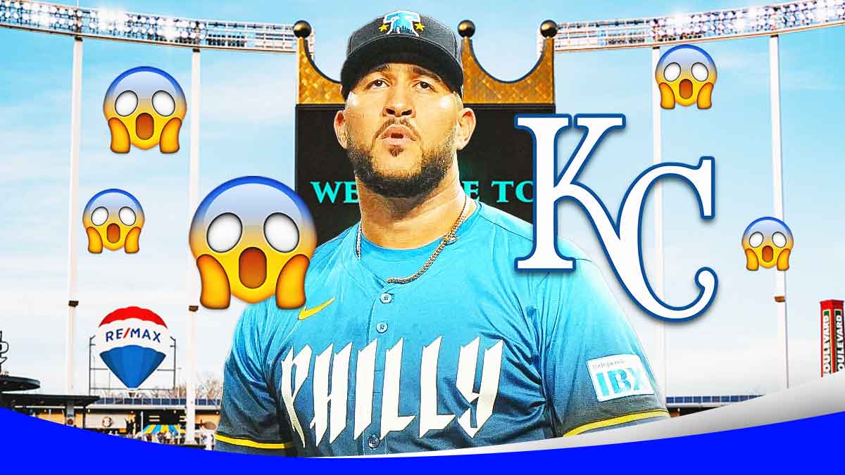 Carlos Estevez with the Kansas City Royals logo behind him and shocking emojis all around.