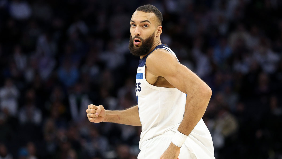 Minnesota Timberwolves center Rudy Gobert (27) reacts during the second quarter against the Cleveland Cavaliers at Target Center.