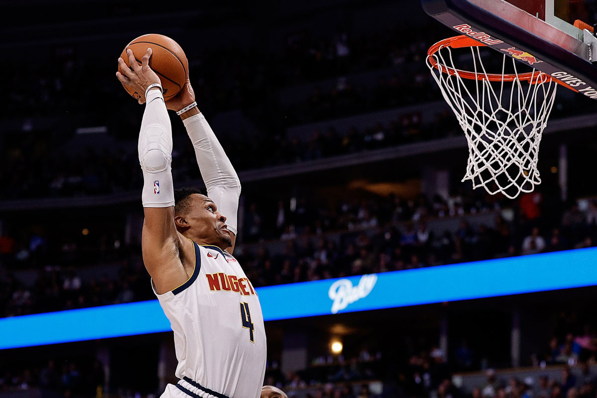 Denver Nuggets Guard Russell Vestbrook (4) Dunks The Ball in the third quarter against Cleveland Cavaliers on Balli Arena. 