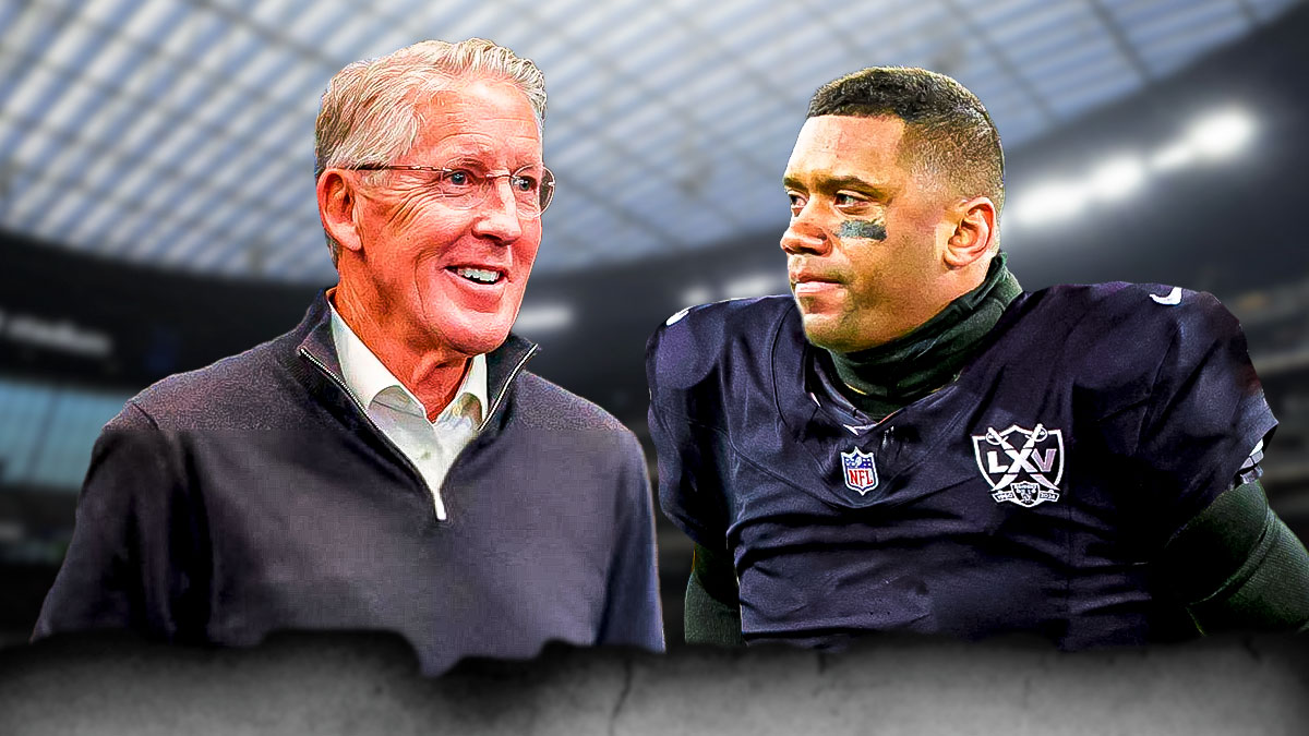 Russell Wilson is wearing a Raiders uniform next to Pete Carroll in front of the Raiders Stadium.