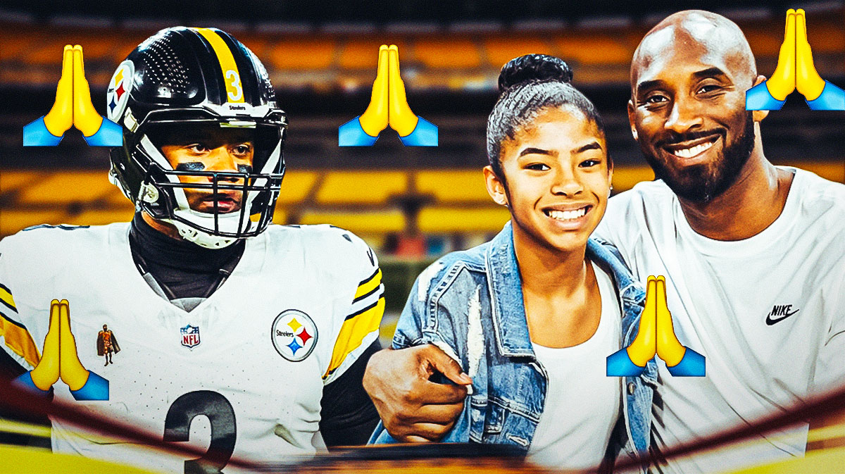 Russell Wilson on one side, Kobe Bryant and Gigi Bryant on the other side, a bunch of the prayer hand emojis in the background