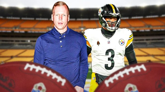 Pittsburgh Steelers quarterback Russell Wilson with NFL analyst Chris Simms