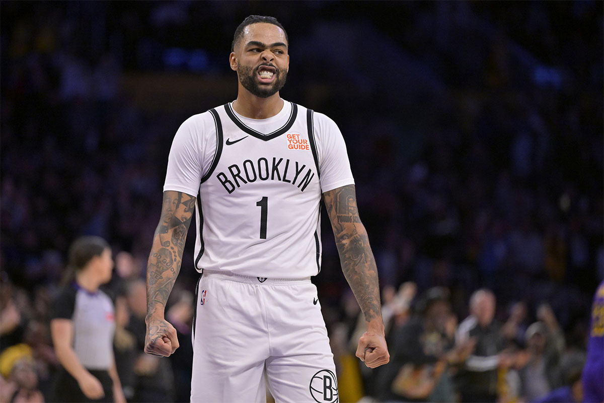 Brooklyn Nets Guard D'Angelo Russell (1) reacts while leaving the court after missing a basket with 3 points against Los Angeles Lakers at the Crypto.com Arena.