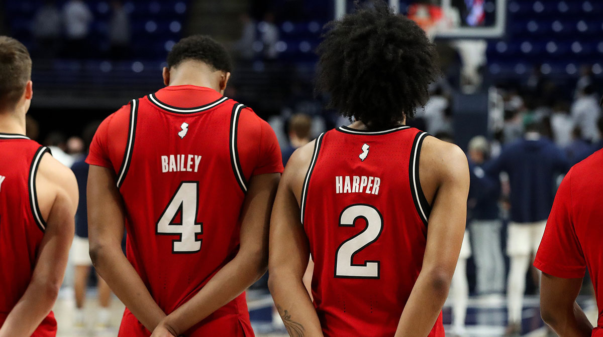Rutgers Scarlet Knights guard Dylan Harper (2) and guard/forward Ace Bailey (4) stand on the court prior to the game against the Penn State Nittany Lions at Bryce Jordan Center.