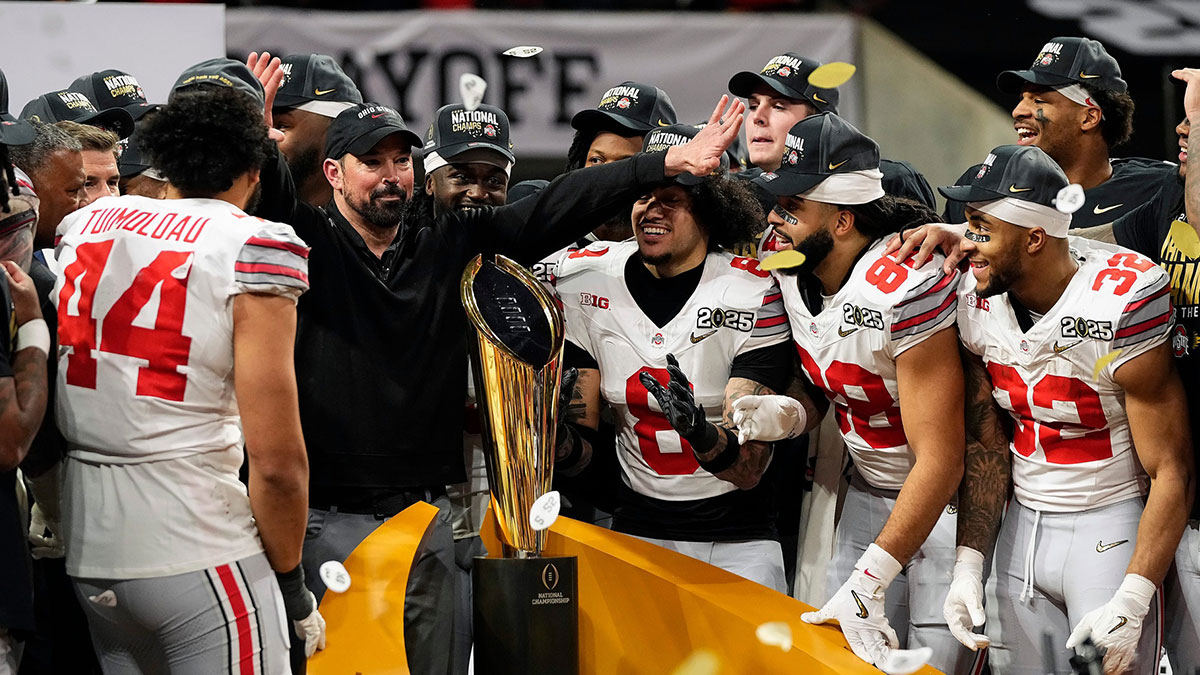Ohio State Buckeyes celebrate their 34-23 win over Notre Dame Fighting Irish to win the College Football Playoff National Championship at Mercedes-Benz Stadium in Atlanta on January 20, 2025.