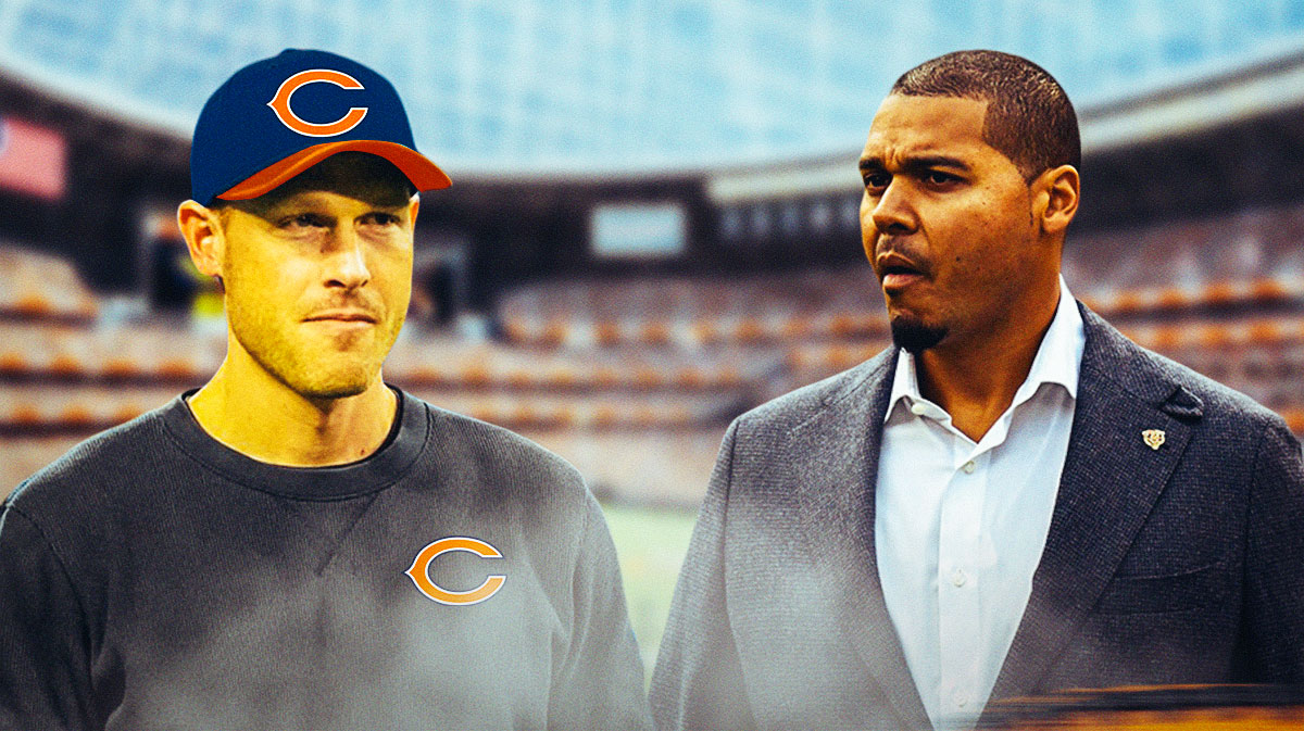 Ryan Poles, and Ben Johnson in Bears coaching gear.