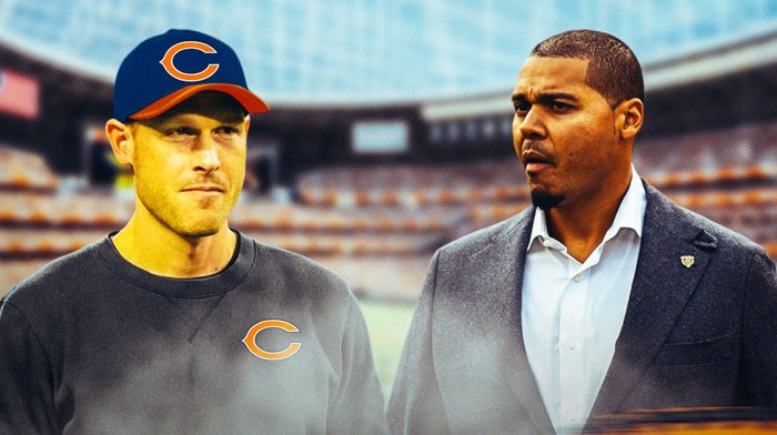 Ryan Poles, and Ben Johnson in Bears coaching gear.