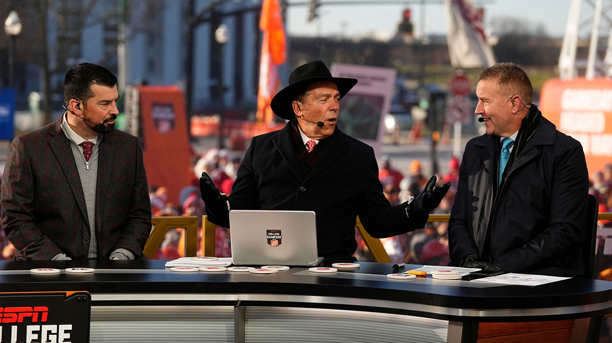 Ohio State head coach Ryan Day sits with Nick Saban and Kirk Herbstreit on the set of ESPN College GameDay prior to the College Football Playoff first round game between the Ohio State Buckeyes and Tennessee Volunteers in Columbus on Dec. 21, 2024.