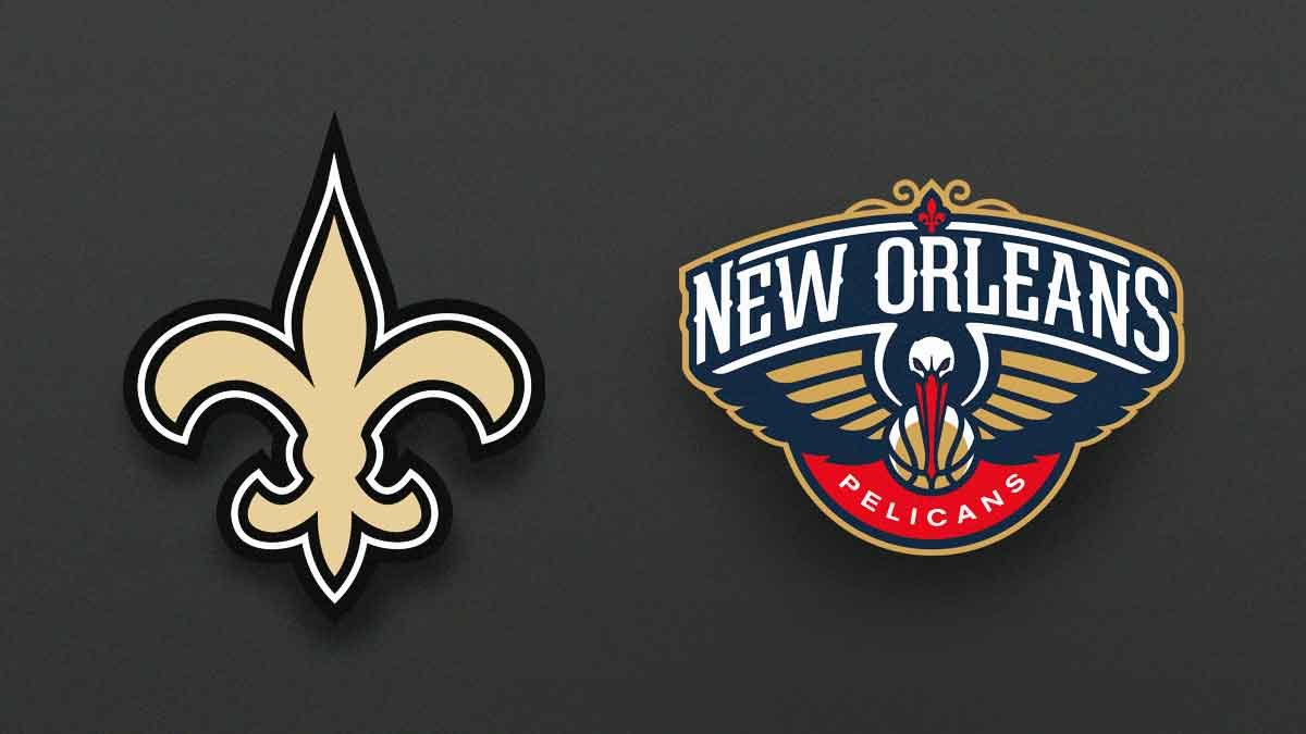 Saints and Pelicans logos on a grey background.