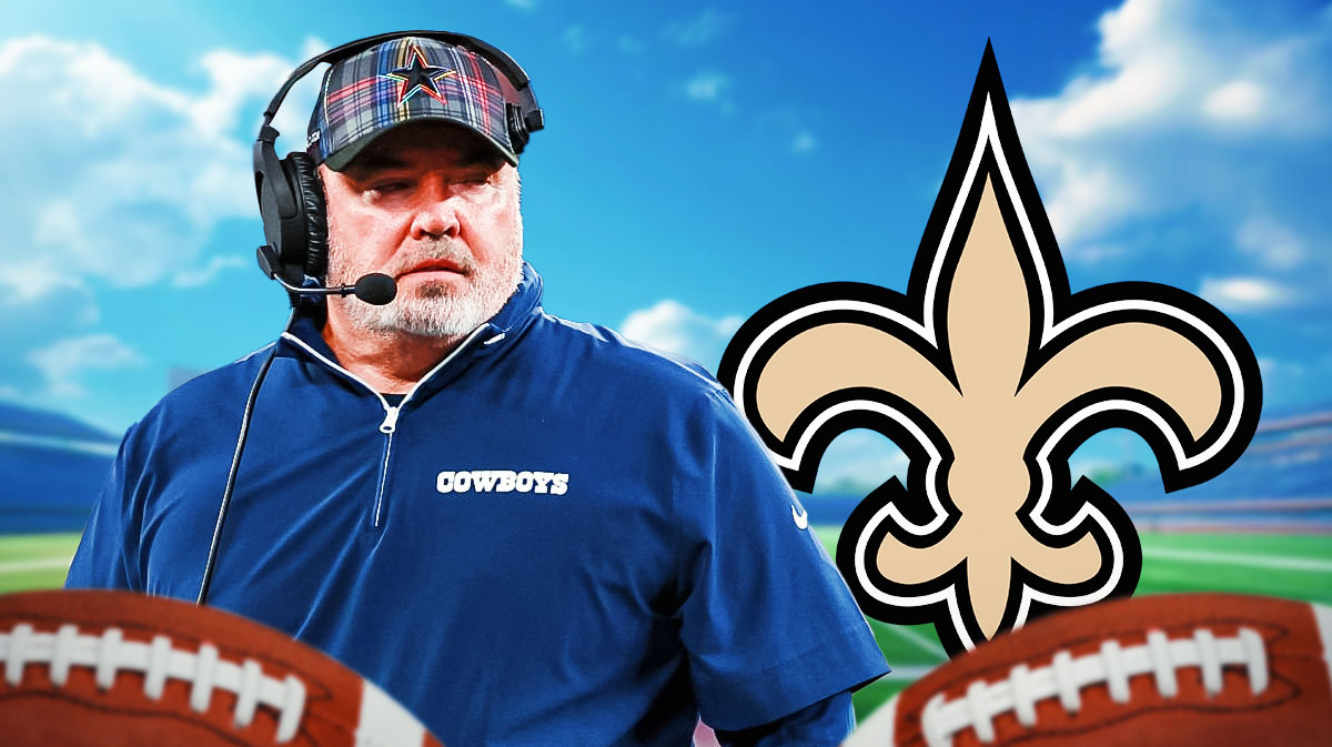 Mike McCarthy on one side, the New Orleans Saints logo on the other side