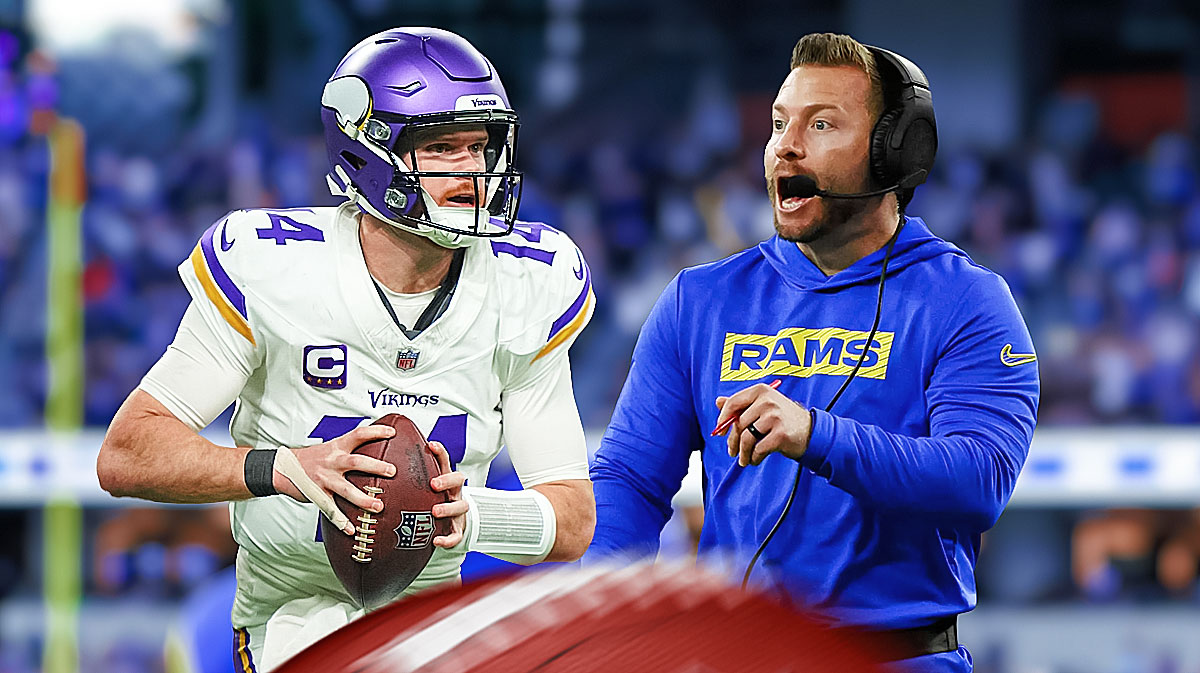 Sam Darnold opposite Sean McVay in front of the Rams Stadium