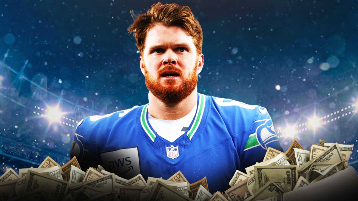 Sam Darnold surrounded by piles of cash.