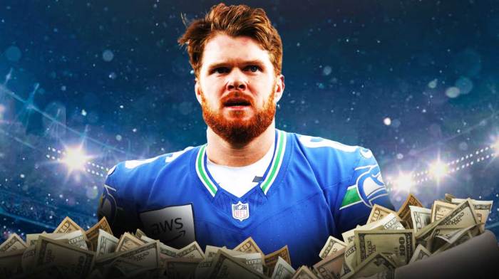 Sam Darnold surrounded by piles of cash.