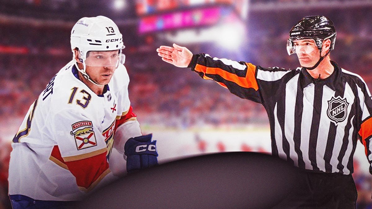 Panthers forward Sam Reinhart on the left, an NHL referee calling a penalty on the right