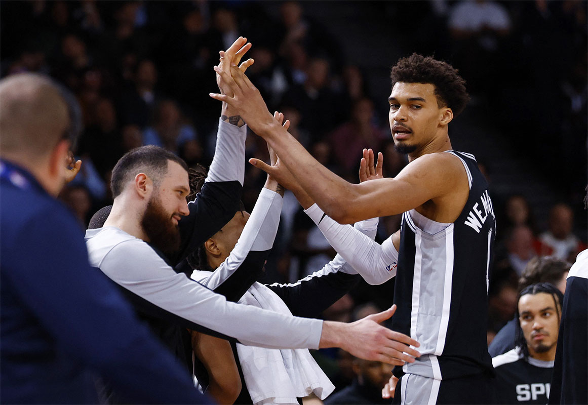 San Antonio Spurs players Victor Wembanyama and Sandro Mamukelashvili celebrate against the Indiana Pacers in the Paris Games 2025 NBA basketball game at Accor Arena