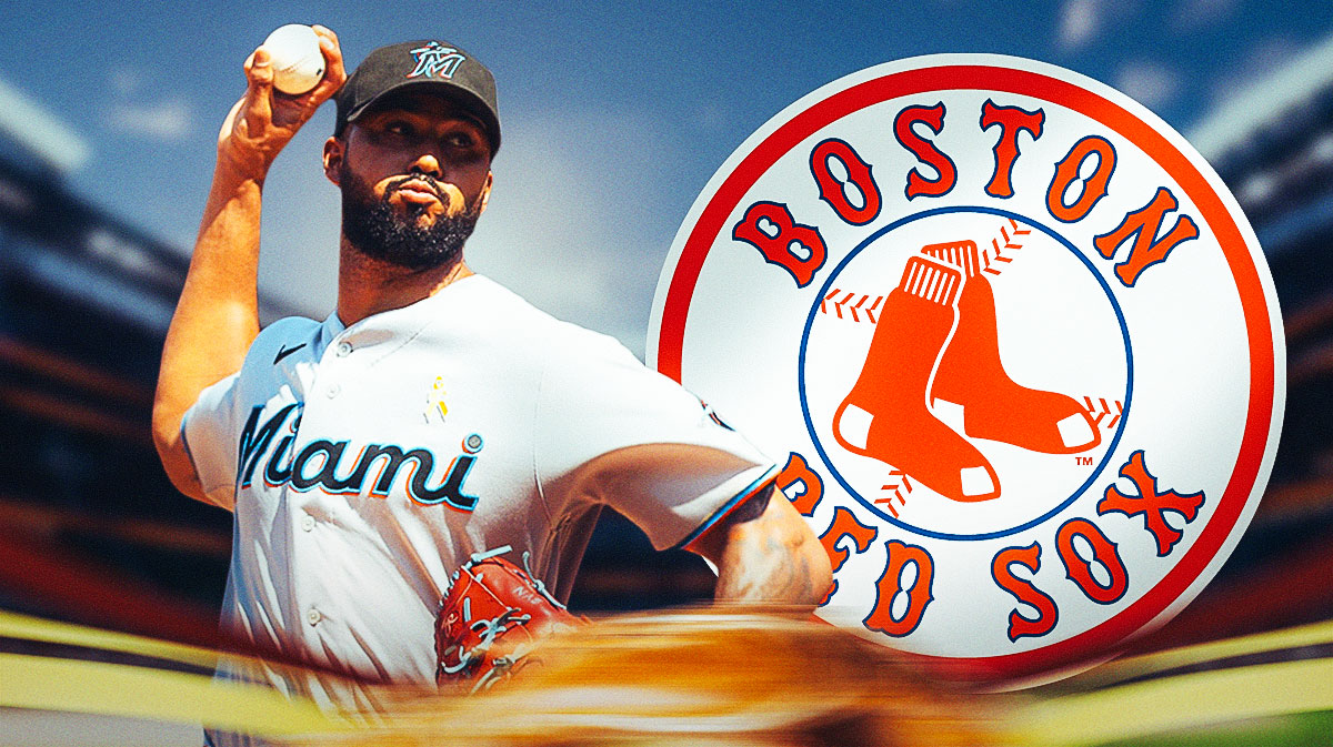 Marlins Sandy Alcantara throwing a pitch next to a Red Sox logo