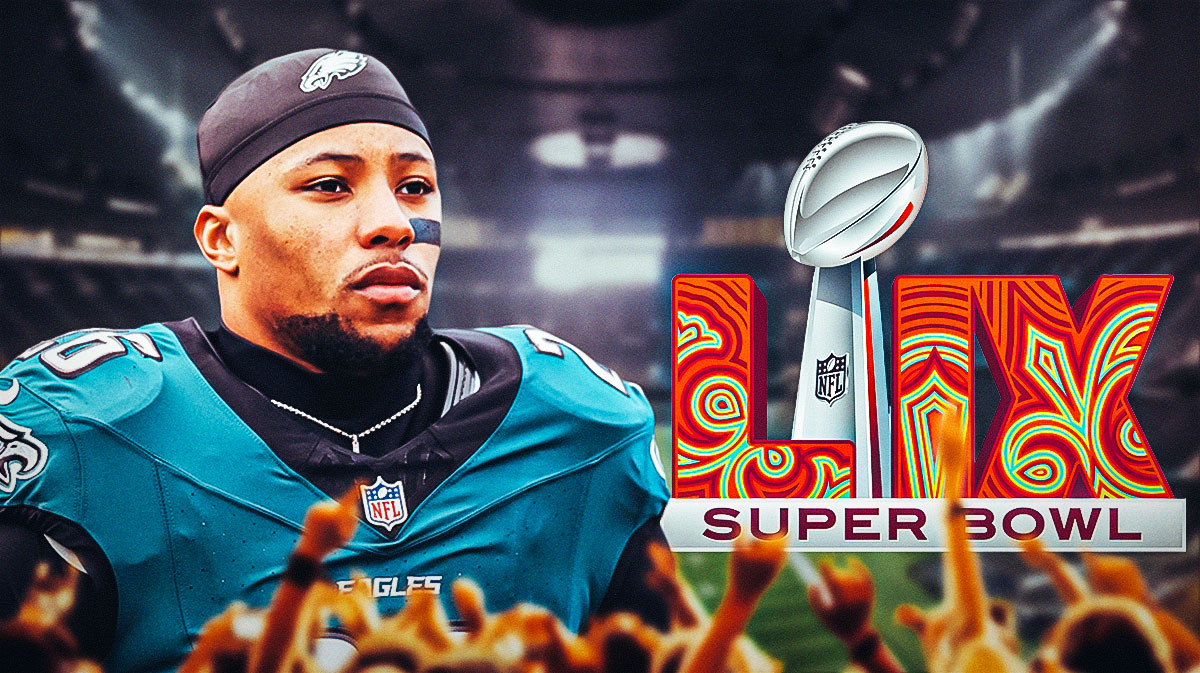 Eagles, Chiefs, Saquon Barkley, Super Bowl, Eagles Chiefs, Saquon Barkley and this year's Super Bowl logo on graphic, Caesars Superdome in background