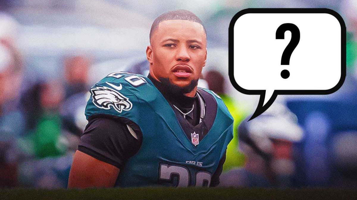 Philadelphia Eagles running back Saquon Barkley with a word bubble above him with a question mark inside it.