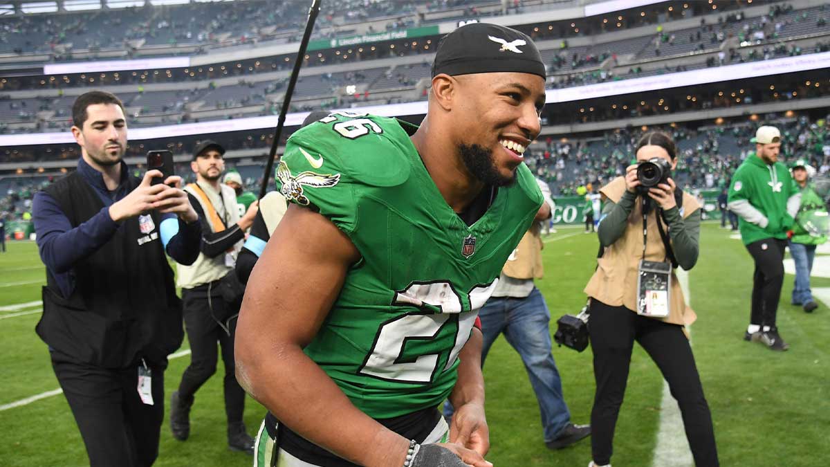 Dec 29, 2024; Philadelphia, Pennsylvania, USA; Philadelphia Eagles running back Saquon Barkley (26) runs off the field after win against the Dallas Cowboys at Lincoln Financial Field. Mandatory Credit: Eric Hartline-Imagn Images