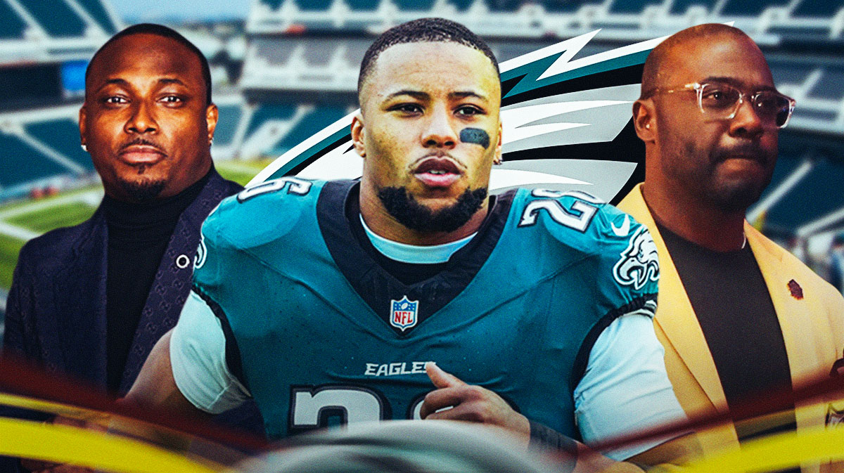 Philadelphia Eagles RB Saquon Barkley with former NFL RBs LeSean McCoy and Marshall Faulk. There is also a logo for the Philadelphia Eagles.