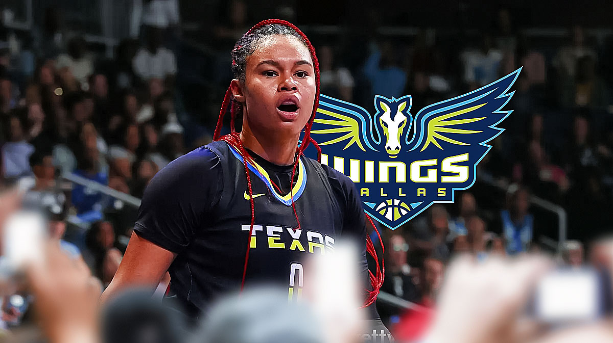 Satou Sabally with eyeball emojis all around her. Dallas Wings logo in background.