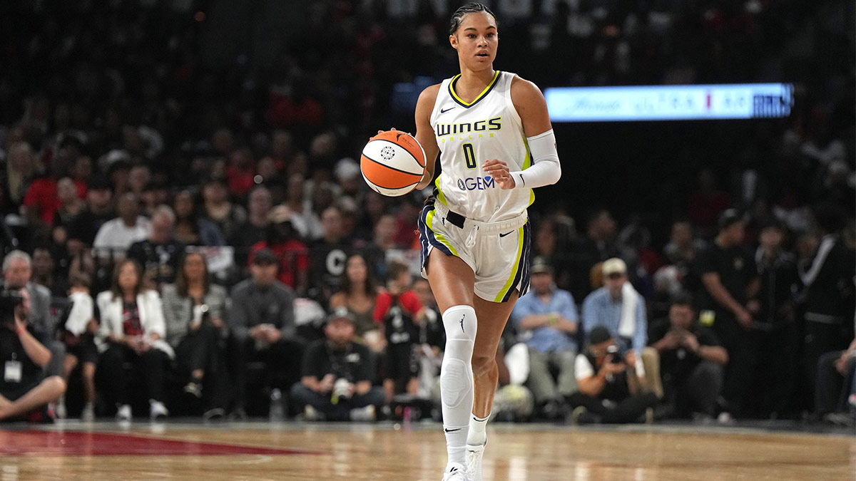 Dallas Wings forward Satou Sabali (0) dribbles down the stretch during the first half of game one of the 2023 WNBA playoffs at Michelob Ultra Arena