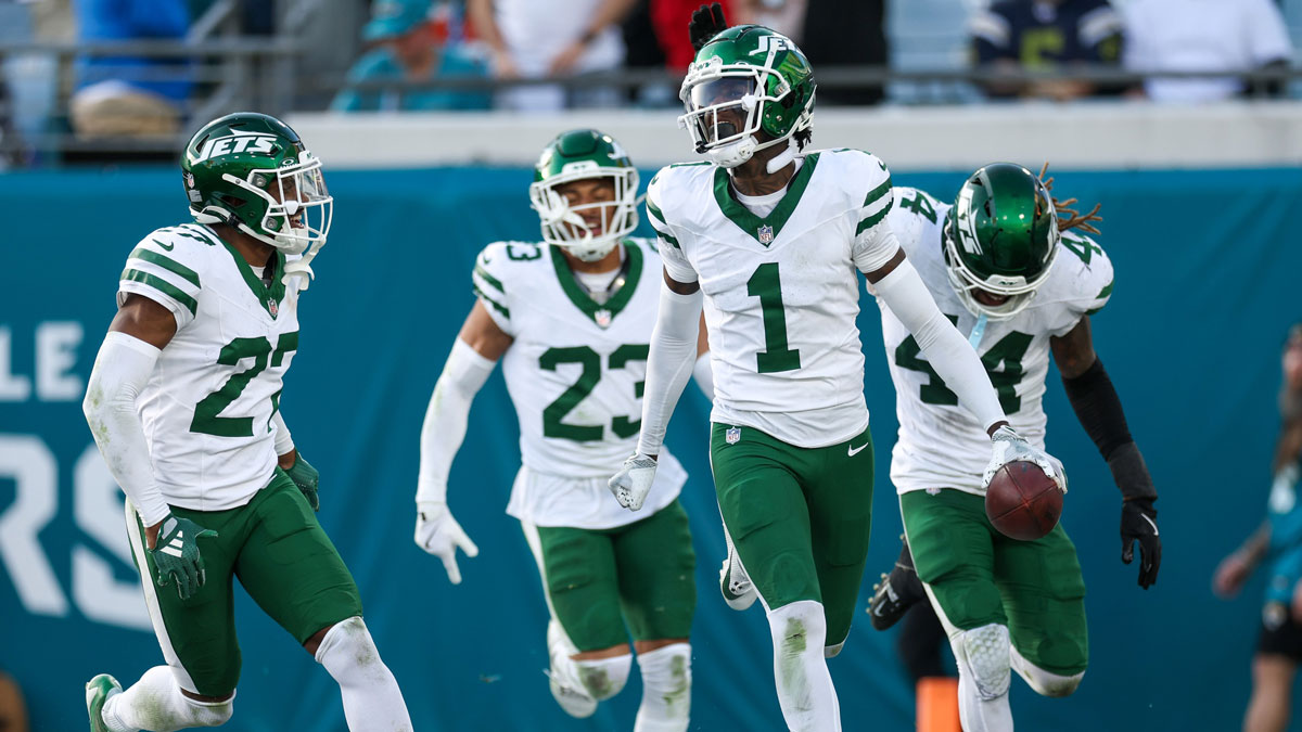 Dec 15, 2024; Jacksonville, Florida, USA; New York Jets cornerback Sauce Gardner (1) celebrates after an interception against the Jacksonville Jaguars in the fourth quarter at EverBank Stadium.