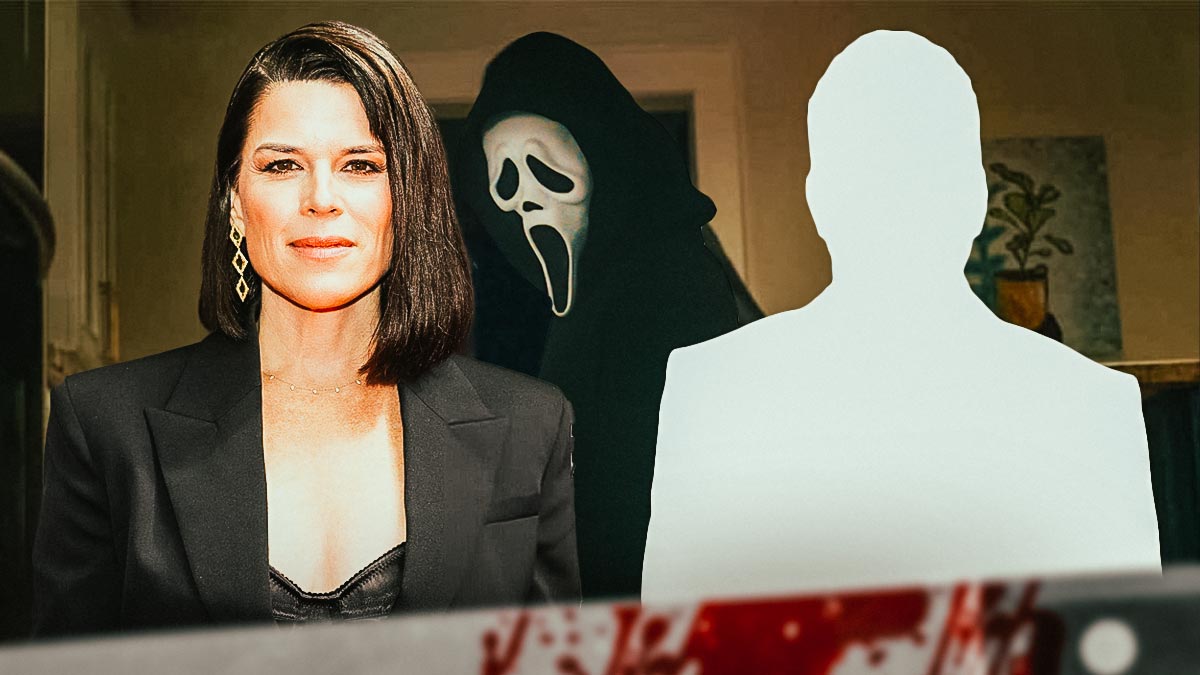 Scream 7 star Neve Campbell next to silhouette of Community star Joel McHale with Ghostface in between them.