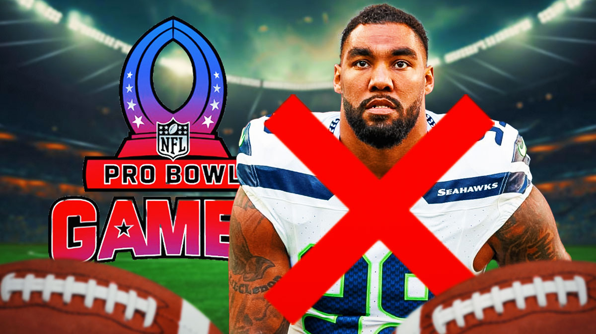 Seahawks Leonard Williams looking upset. 2025 Pro Bowl logo behind him with a red X over it