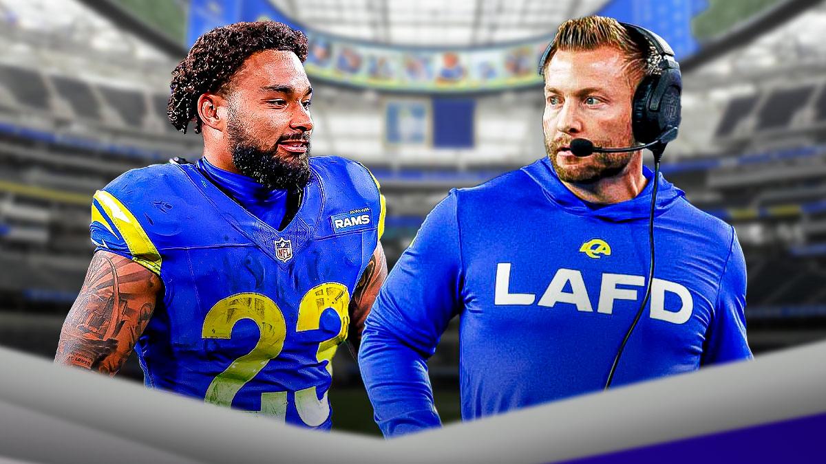 Rams RB Kyren Williams, HC Sean McVay, SoFi Stadium behind them