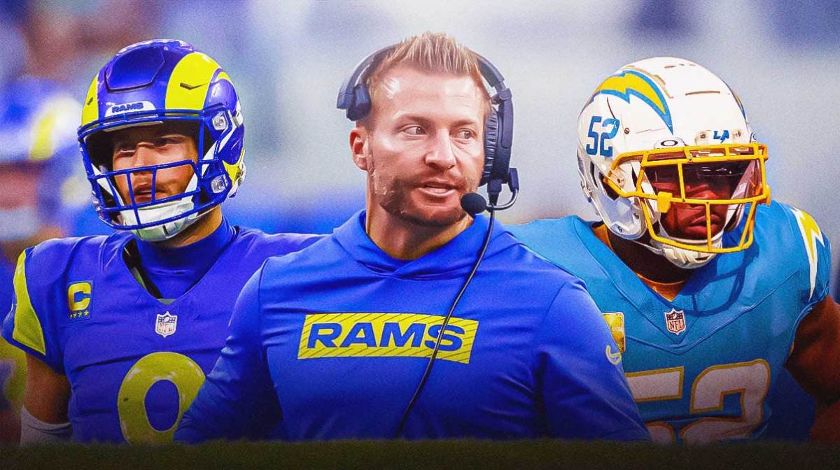 Los Angeles Rams coach Sean McVay with Matthew Stafford and Khalil Mack in Los Angeles Rams uniforms as McVay addresses the California wildfires.
