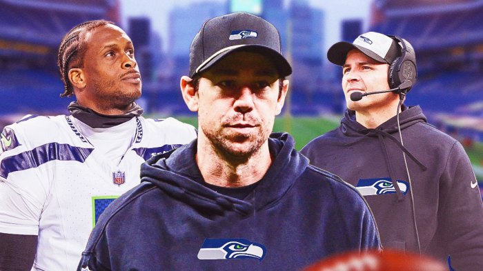 Klint Kubiak in Seahawks gear, Geno Smith, Mike Macdonald