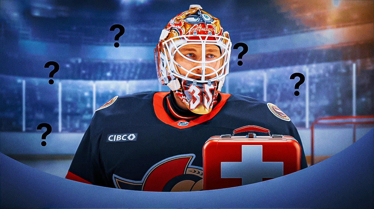 Linus Ullmark in image looking stern, first aid kit, 3-5 question marks, hockey rink in background