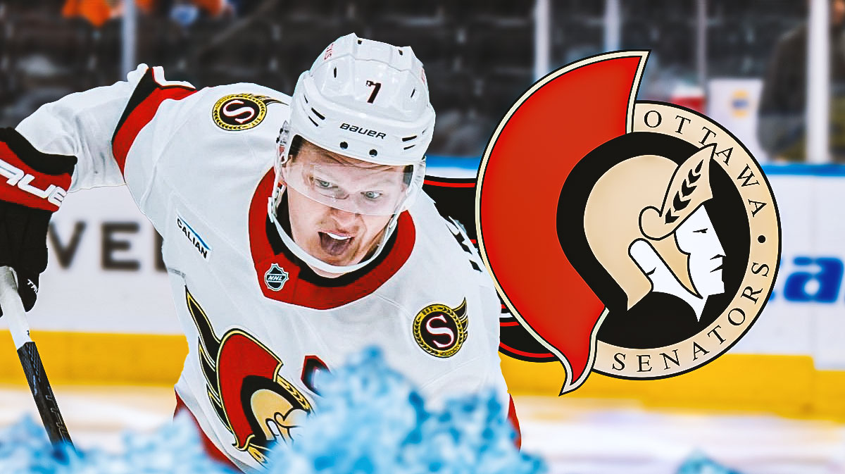 Brady Tkachuk looking stern, Ottawa Senators logo, hockey rink in background