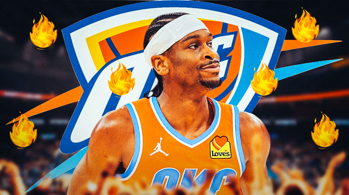 Shai Gilgeous-Alexander in image looking hopeful with fire around him, Oklahoma City Thunder logo, basketball court in background